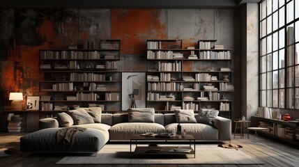 Modern living room with a large sectional sofa and built-in bookshelves against a rustic wall, showcasing a stylish and functional interior design aesthetic.