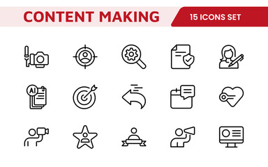 Content Creation Icon Set. Creative and versatile icons for bloggers, vloggers, and digital creators, perfect for enhancing editing tools, social media apps, and multimedia projects.