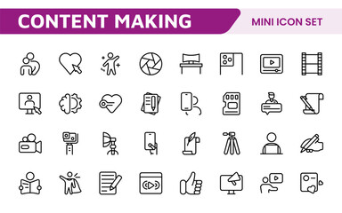 Content Creation Icon Set. Creative and versatile icons for bloggers, vloggers, and digital creators, perfect for enhancing editing tools, social media apps, and multimedia projects.