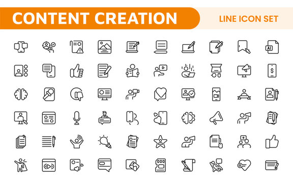 Content Creation Icon Set. Creative and versatile icons for bloggers, vloggers, and digital creators, perfect for enhancing editing tools, social media apps, and multimedia projects.