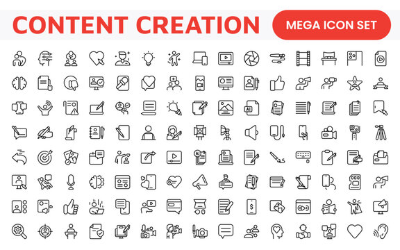 Content Creation Icon Set. Creative and versatile icons for bloggers, vloggers, and digital creators, perfect for enhancing editing tools, social media apps, and multimedia projects.