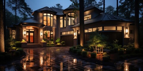 A modern home with a brick exterior, surrounded by lush greenery, illuminated by warm lighting, with a wet driveway reflecting the lights, creating a serene and inviting ambiance.