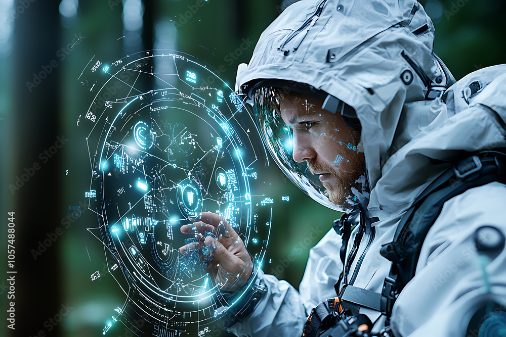 Poster exploring the future of environmental science scientists using augmented reality to analyze pollutio