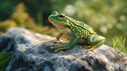 Fototapeta premium A green and yellow frog is calmly sitting on a large rock nearby
