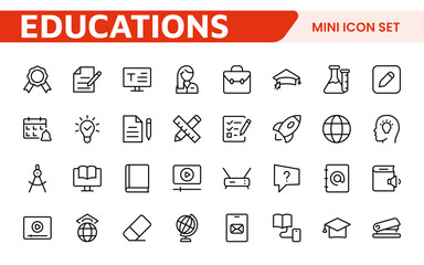 Education Tools Icon Set. Engaging and versatile icons for learning apps, classrooms, and online courses, perfect for enhancing educational resources and making learning fun and accessible.