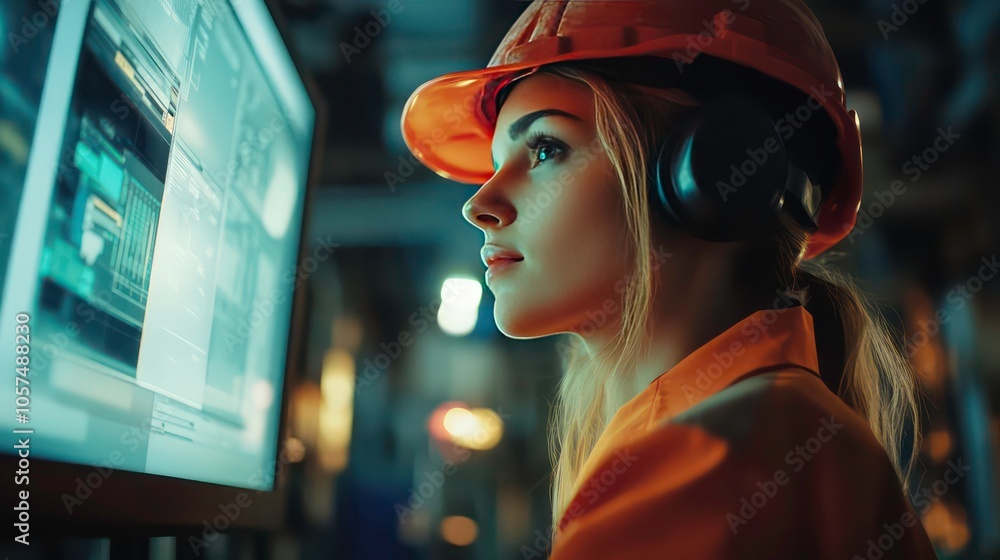 Aufkleber woman working wearing a hardhat by computer monitor in construction factory, data visualization.
