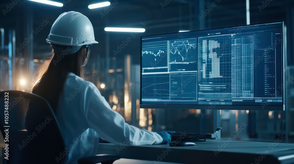 Poster a person in a hard hat analyzes data on a large screen in an industrial setting.