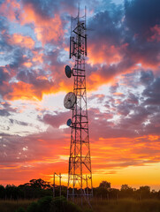 Antena de telecomunicaciones al atardecer sobre ciudad