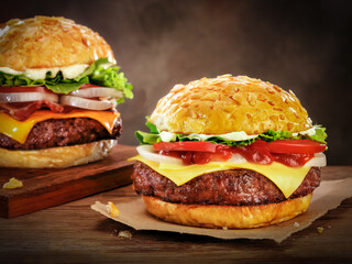Two freshly cooked hamburgers with fresh condiments on a rustic background
