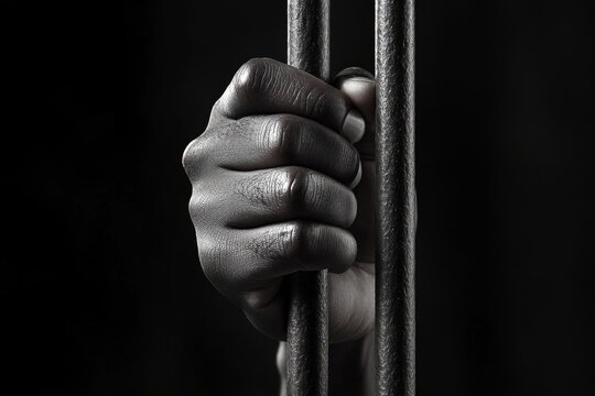 Detailed view of an inmate's hand gripping jail cell bars, showcasing the feeling of confinement and loss of freedom, symbolizing solitude and powerlessness