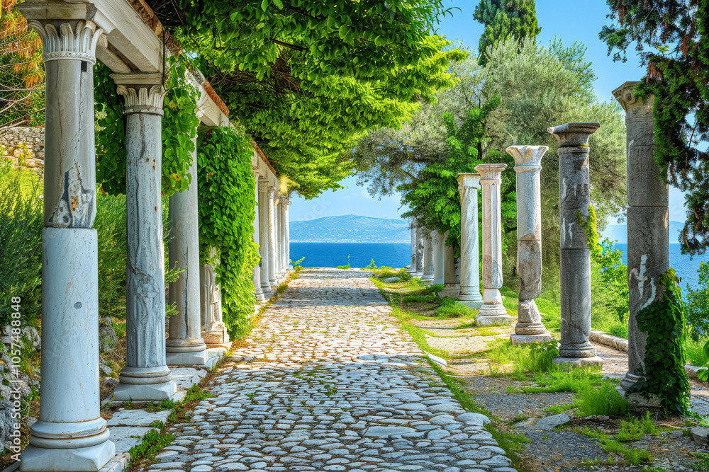 Poster long walkway with white pillars and a view of the ocean. the walkway is lined with trees and has a s