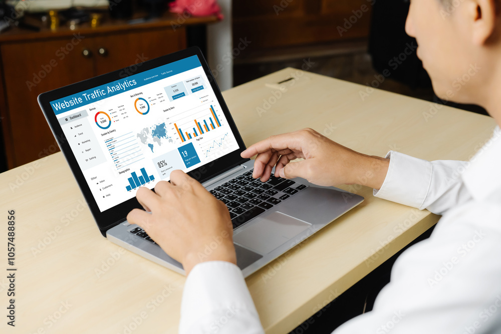 Poster computer software for website traffic analytics data on computer screen. concept of seo search engin