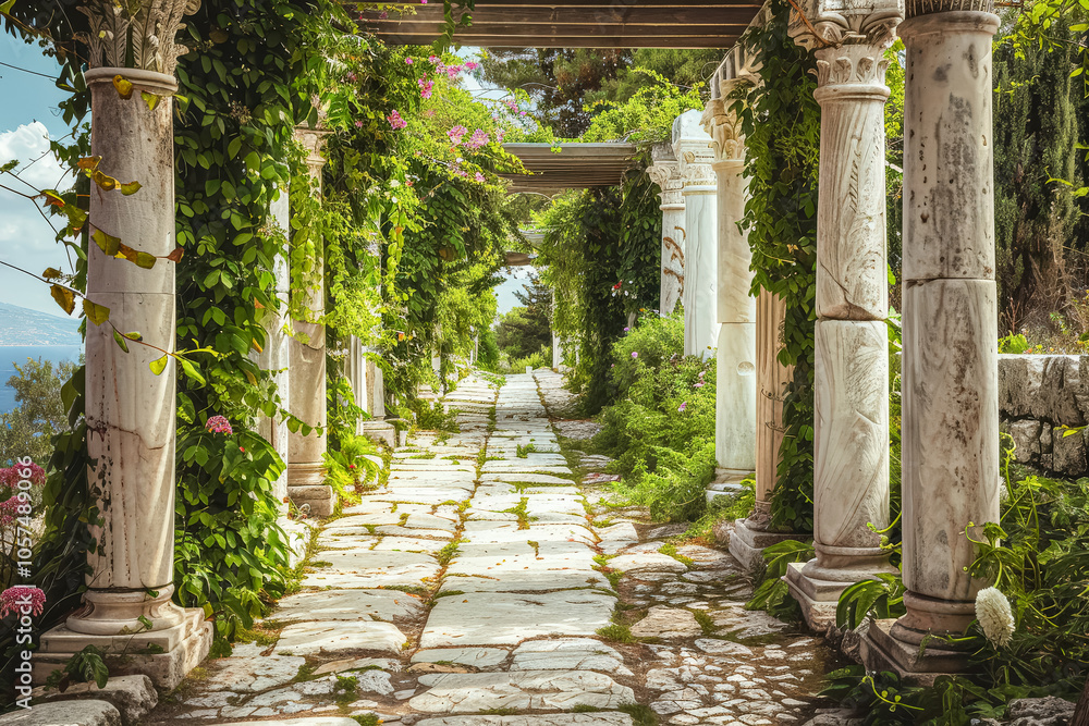 Poster Long walkway with white pillars and a view of the ocean. The walkway is lined with trees and has a stone path