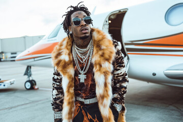 Fashionable celebrity with luxurious style and jewelry arriving by private jet