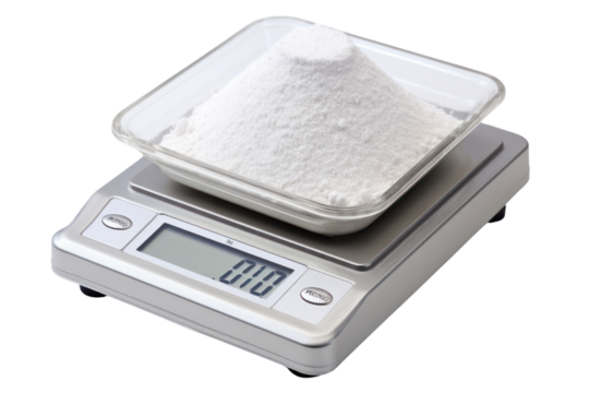 Close-up of a digital scale with a sample of white powder placed on the weighing platform, isolated on white background