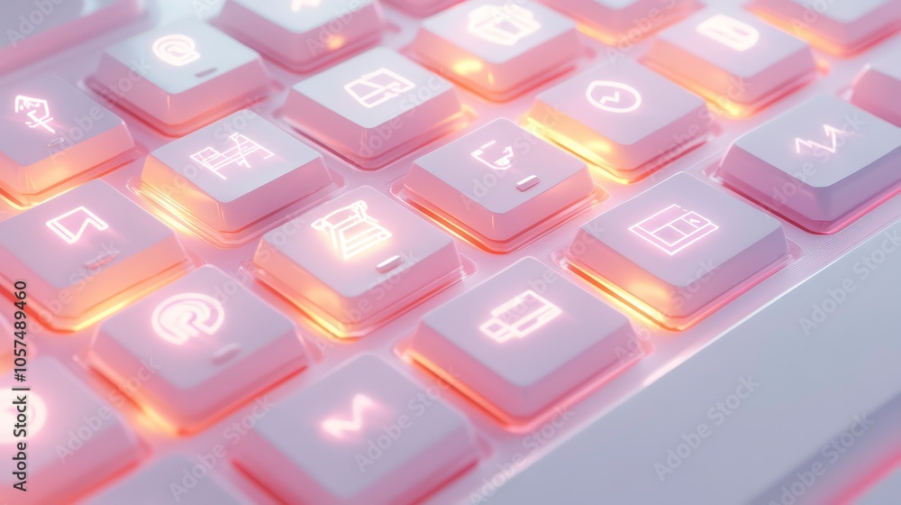 Poster Close-up of a modern keyboard with illuminated icons for enhanced functionality.