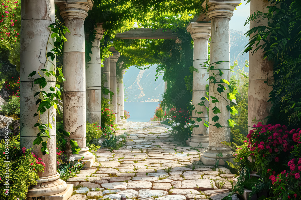 Poster long walkway with white pillars and a view of the ocean. the walkway is lined with trees and has a s