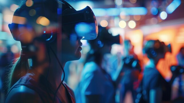 The outlines of virtual reality headsets and controllers fill the frame in a blurred image of a tech conference demo.