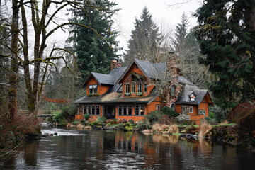 Fototapeta premium Small cabin is situated next to a river. The cabin is surrounded by trees and the river is calm. The scene is peaceful and serene