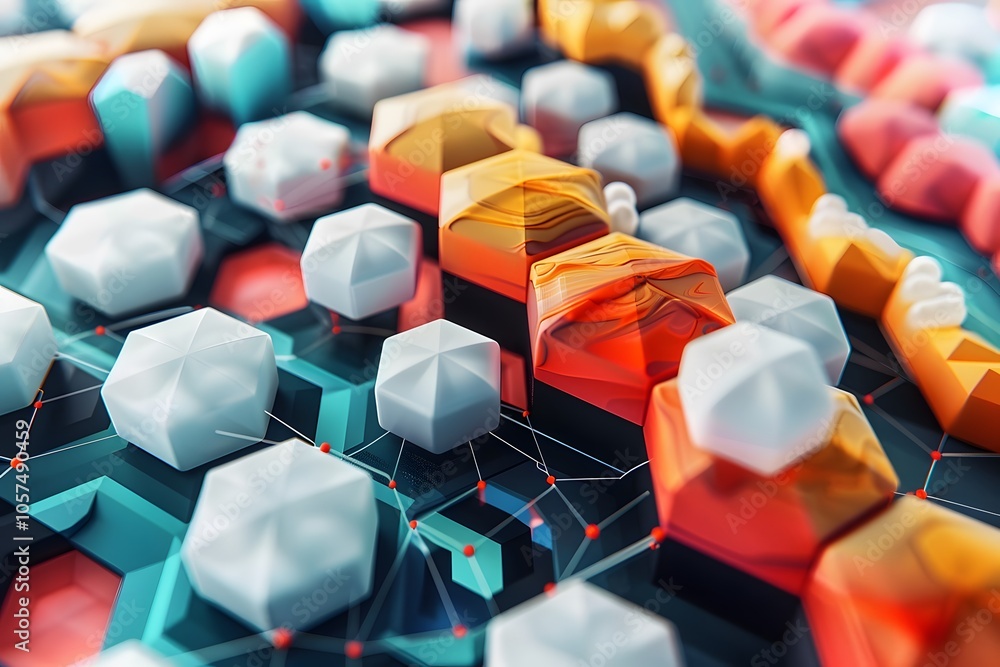 Poster abstract 3d geometric composition with colorful shapes and patterns