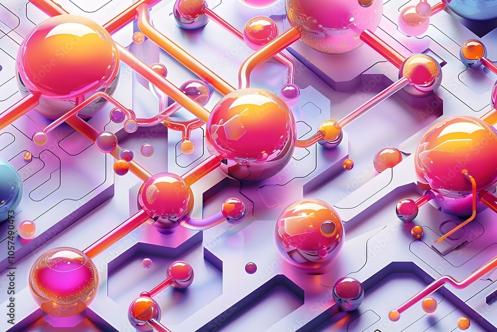 Poster vibrant abstract composition of colorful spheres and circuit patterns