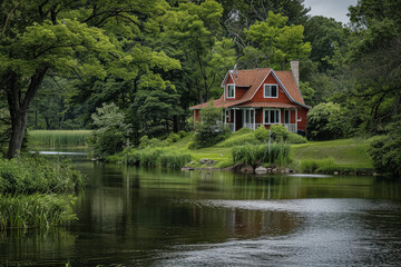 Obraz premium Small cabin is situated next to a river. The cabin is surrounded by trees and the river is calm. The scene is peaceful and serene