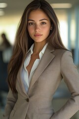 Fototapeta premium Confident young businesswoman in beige suit at the office
