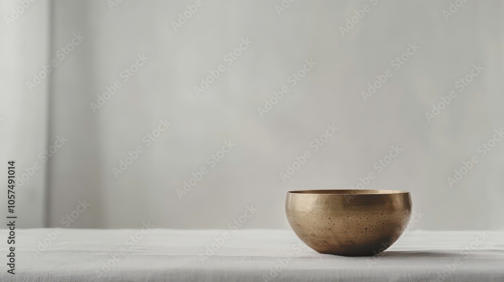 Poster a simple brass bowl placed on a textured surface against a neutral backdrop.
