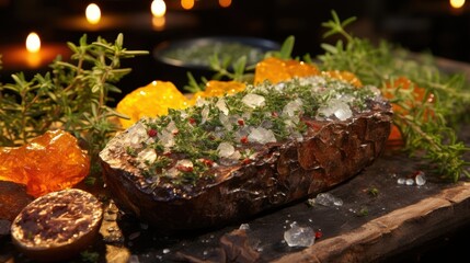 A rustic wooden slab, covered in ice crystals, adorned with sprigs of fresh herbs and amber-colored resin, illuminated by warm candlelight