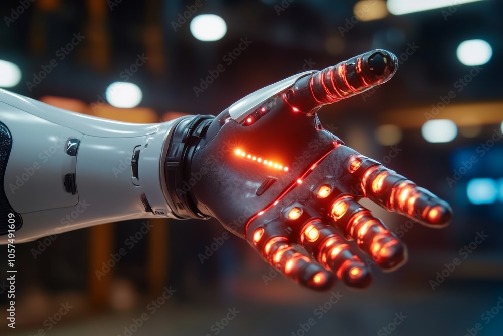 Poster futuristic robotic arm with sleek metallic design and advanced sensors, capturing the blend of high-