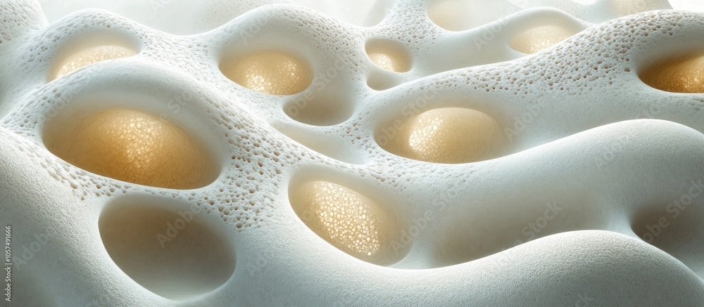 Poster abstract representation of porous structures with organic shapes and textures.