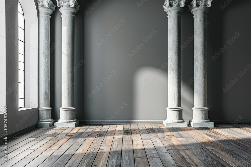 Poster large room with two pillars and a window. the room is empty and has a very clean and simple design