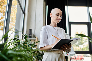 A young bald woman in elegant attire is thoughtfully writing in a notebook, surrounded by greenery.