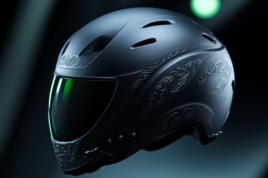 Gothic-style safety helmet with intricate engravings and dark tones, capturing the elegance and mystery of a protective industrial design, symbolizing resilience and style