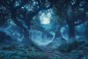 A mysterious forest shrouded in mist. The moonlight filters through the trees. This serene scene evokes wonder and tranquility. Ideal for fantasy themes and relaxation. Generative AI