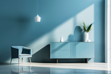 The room features a calming blue color scheme with a cozy armchair and a sleek dresser. Soft, complementary decor enhances the serene ambiance, making it a comfortable and inviting space for relaxatio