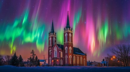 Fototapeta premium A breathtaking Catholic church set against a vibrant aurora borealis sky. 
