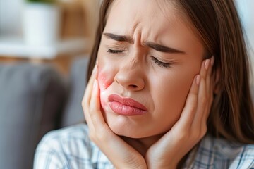 Closeup image of a young woman experiencing a toothache in her home