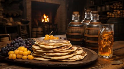 Naklejka premium Warm, flatbread stacked high with grapes and fruit, resting on a wooden table beside two barrels and a glass of amber liquid.