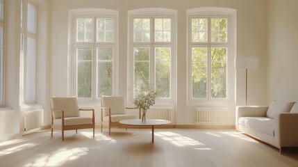 Fototapeta premium A bright and airy living room with white walls, 