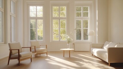 A bright and airy living room with white walls, 