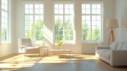 Fototapeta premium A bright and airy living room with white walls, 