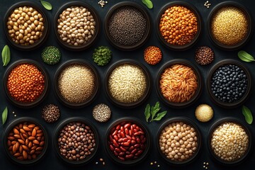 A variety of legumes and grains arranged in bowls, showcasing diverse textures and colors.