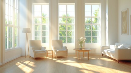 Fototapeta premium A bright and airy living room with white walls, 