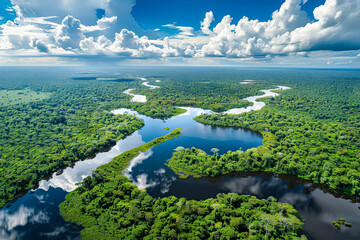 Lush green forest with a river running through it. The sun is shining brightly, casting a warm glow over the landscape. The scene is serene and peaceful, with the natural beauty of the forest
