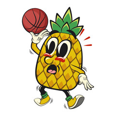 Cute and happy fun pineapple isolated vector cartoon mascot character playing basketball, work of hand drawn
