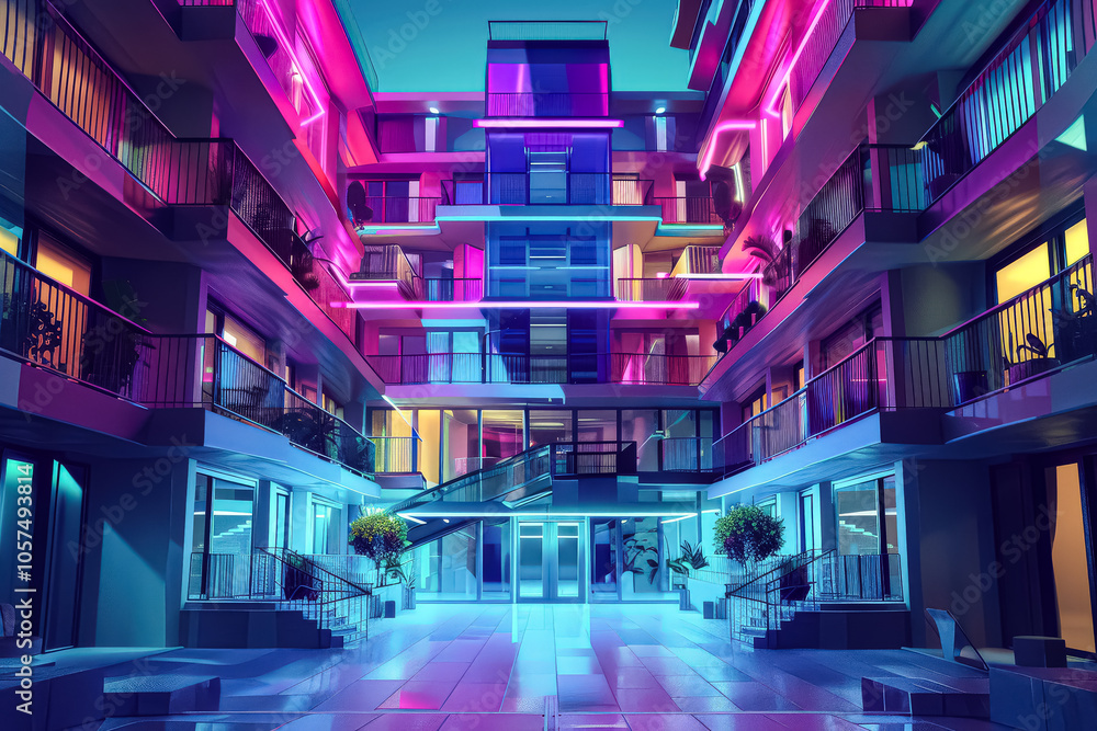 Poster neon lit building with a large open courtyard. the courtyard is lit up with neon lights and has a fu