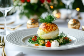 Elegant gourmet dish featuring baked cabbage with herbs and tomatoes served at a fine dining restaurant during dinner service