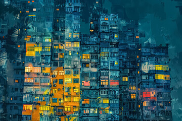Fototapeta premium Colorful building with many windows and balconies. The windows are lit up with a warm glow, giving the building a cozy and inviting atmosphere