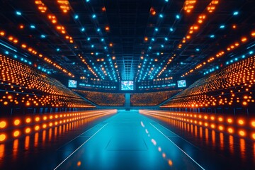 Futuristic Stage with Neon Lights and Empty Seats for Presentation or Event